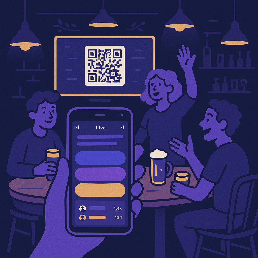 A phone showing a live Trivia1 game, with a venue TV displaying the join QR code
