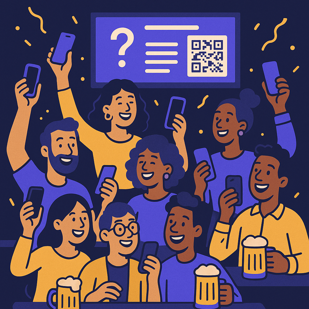 A pub crowd playing group trivia together on their phones