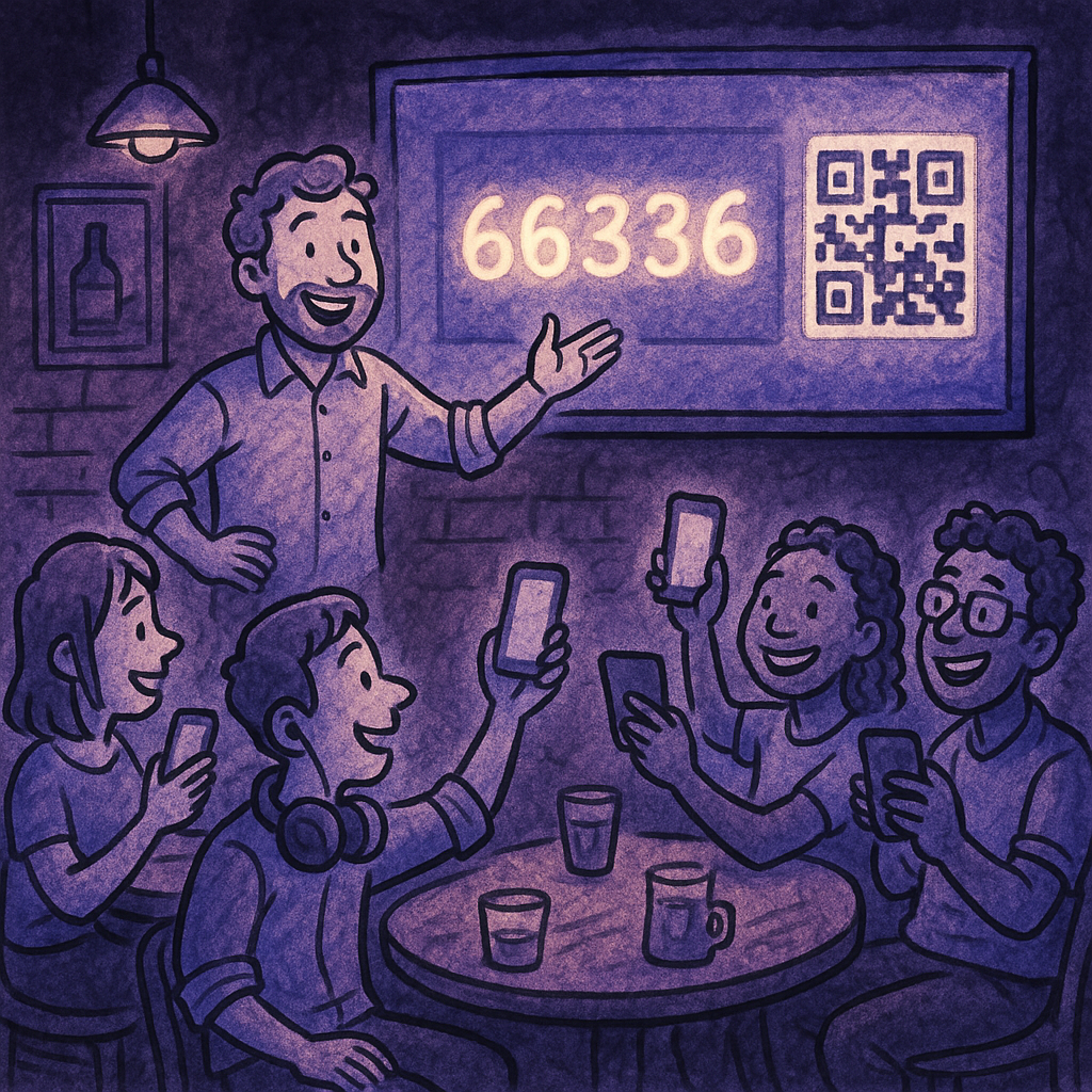 A trivia host at the front of a room kicking off a live game as guests answer on their phones