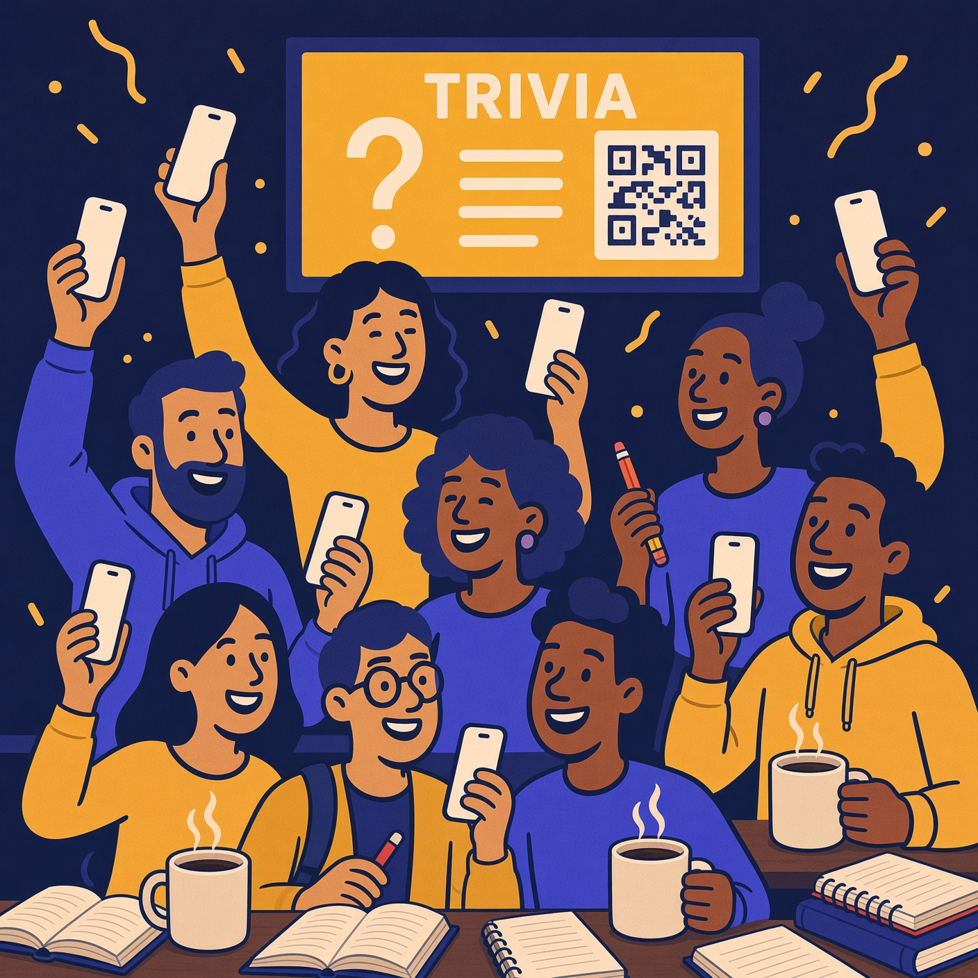 A student study group playing live trivia from their phones, notebooks and coffee on the table and a TRIVIA screen with a QR code above them