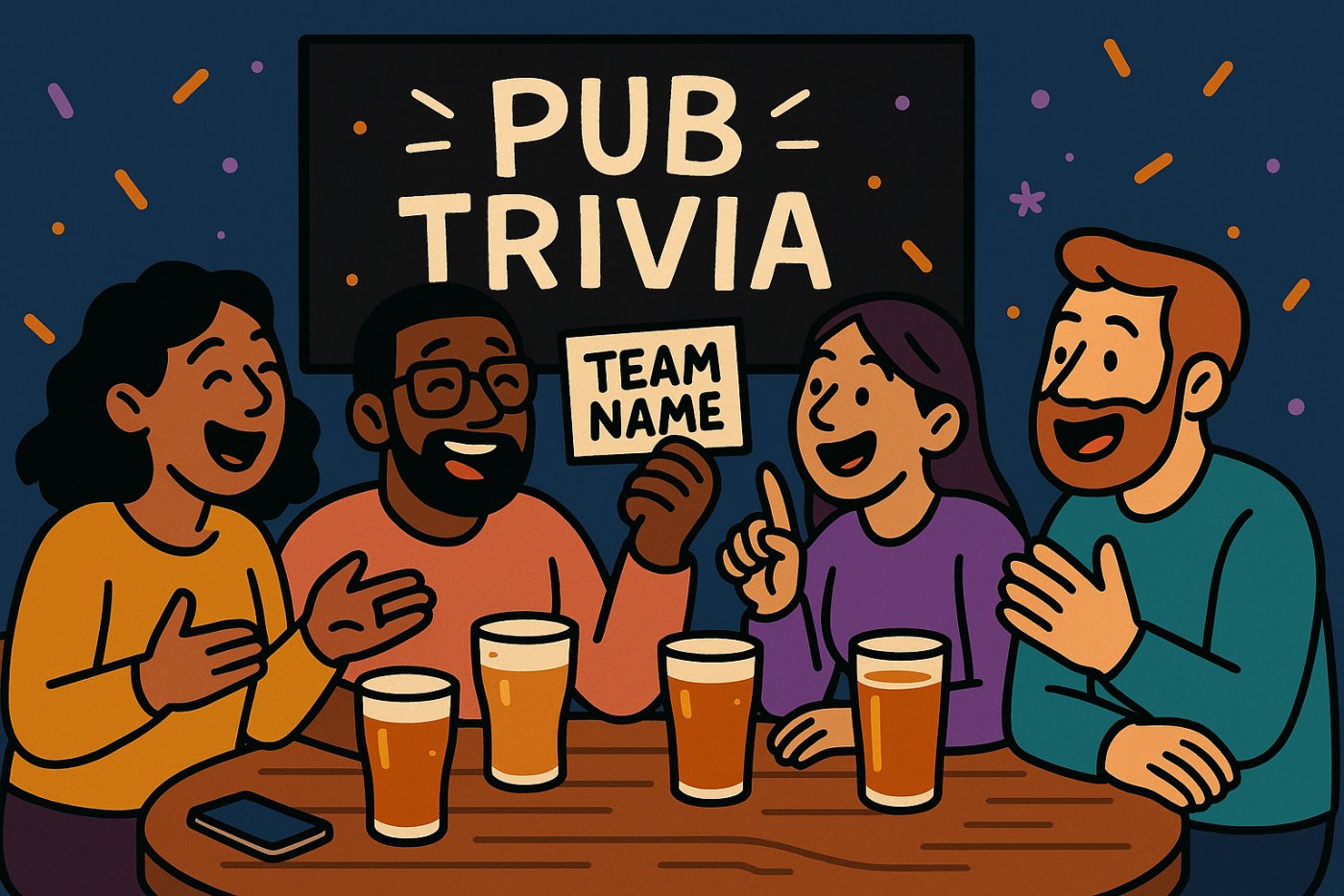 Cartoon illustration of friends at a pub trivia table choosing a team name